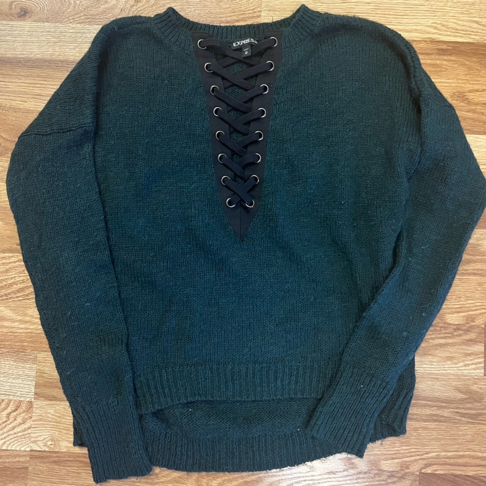 Express Forest Green Lace-Up Sweater